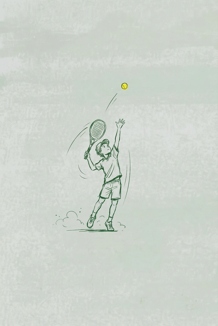 Minimalist line art of a serving ball tennis boy wall art tossing a yellow ball against a light textured background.