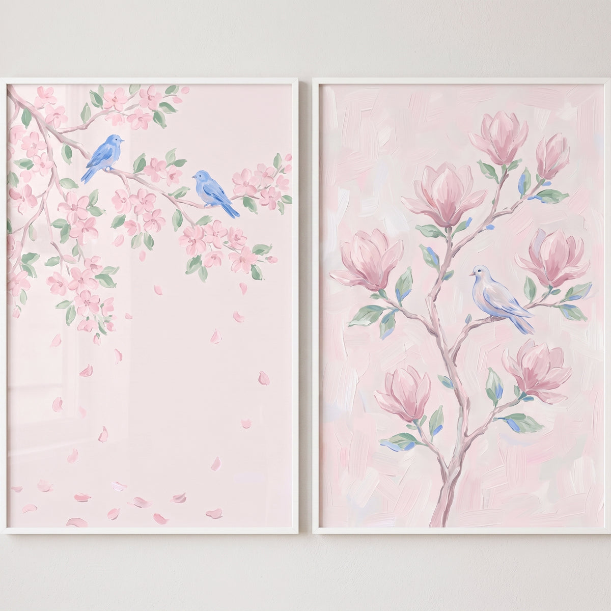 Shabby Chic Blossom Bird Wall Art Set of 2 - Pastel Bloom Birds
