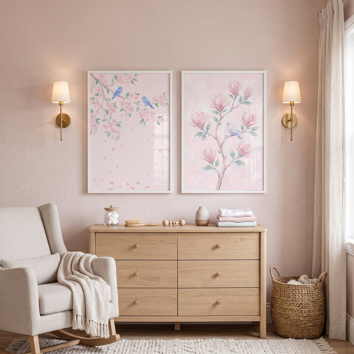 Shabby Chic Blossom Bird Wall Art Set of 2 - Pastel Bloom Birds