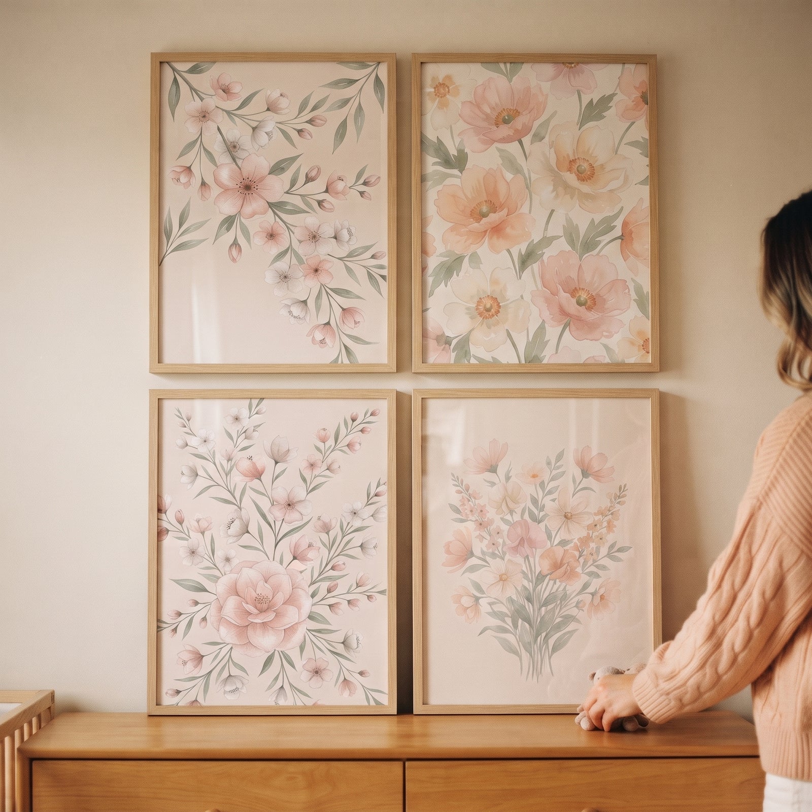 Four wooden frames display a shabby chic blush floral wall art set of 4 above a wooden dresser.