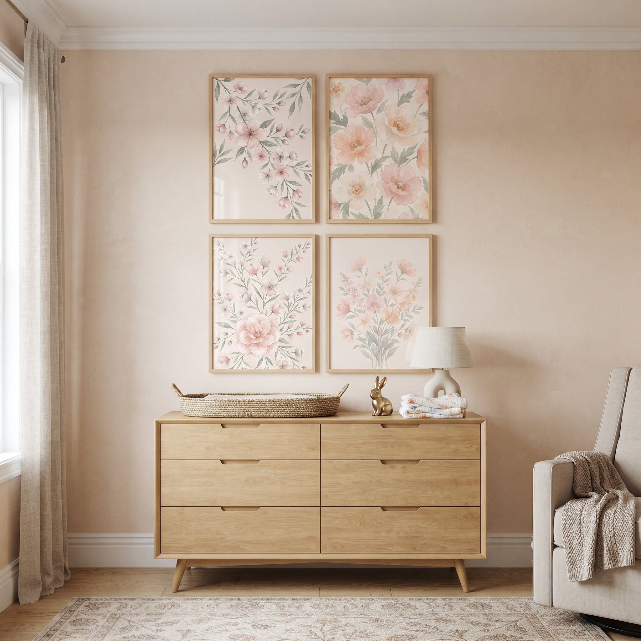 Shabby Chic Blush Floral Wall Art Set of 4 - Soft Blush Florals