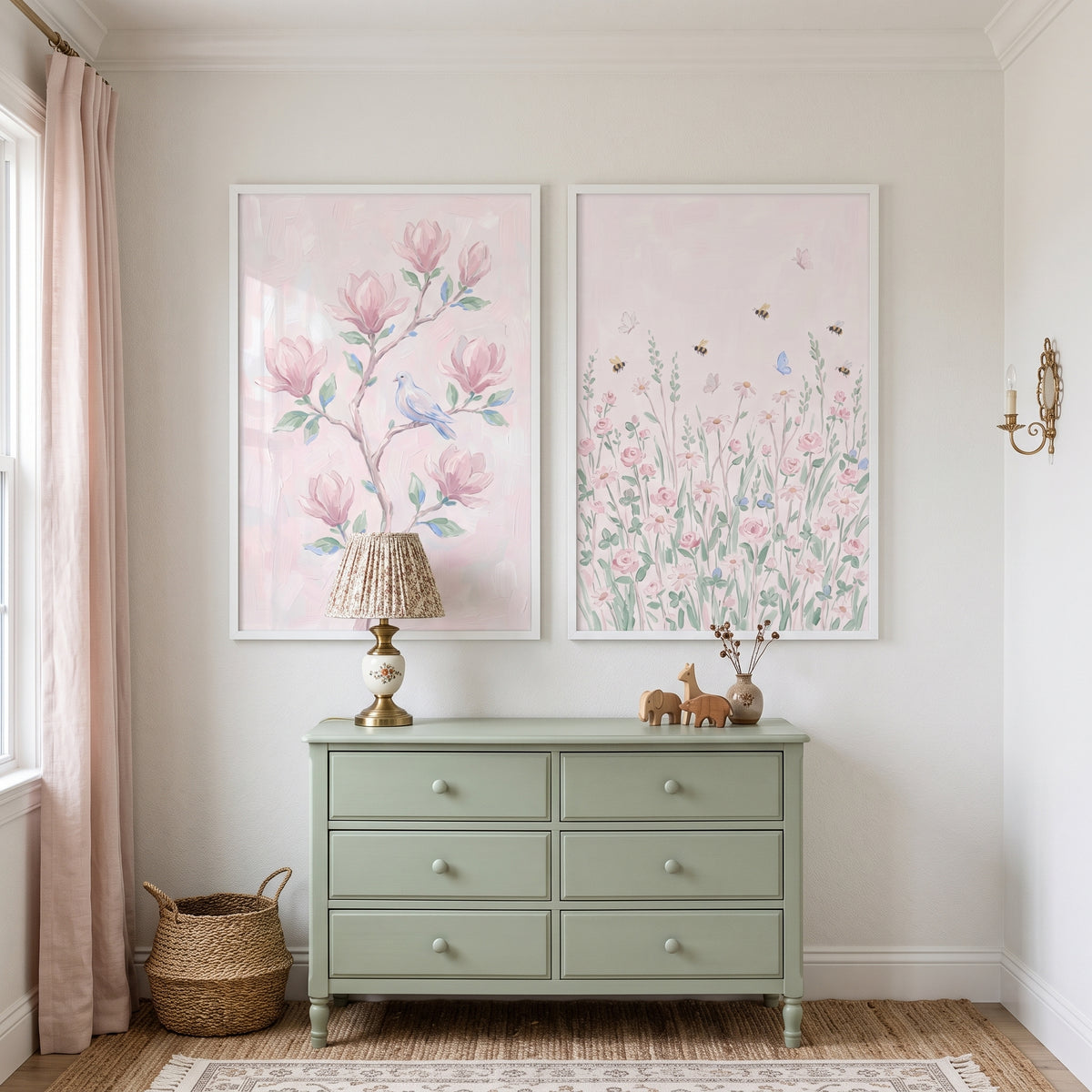 Shabby Chic Blush Garden Wall Art Set of 2 - Soft Bloom Garden