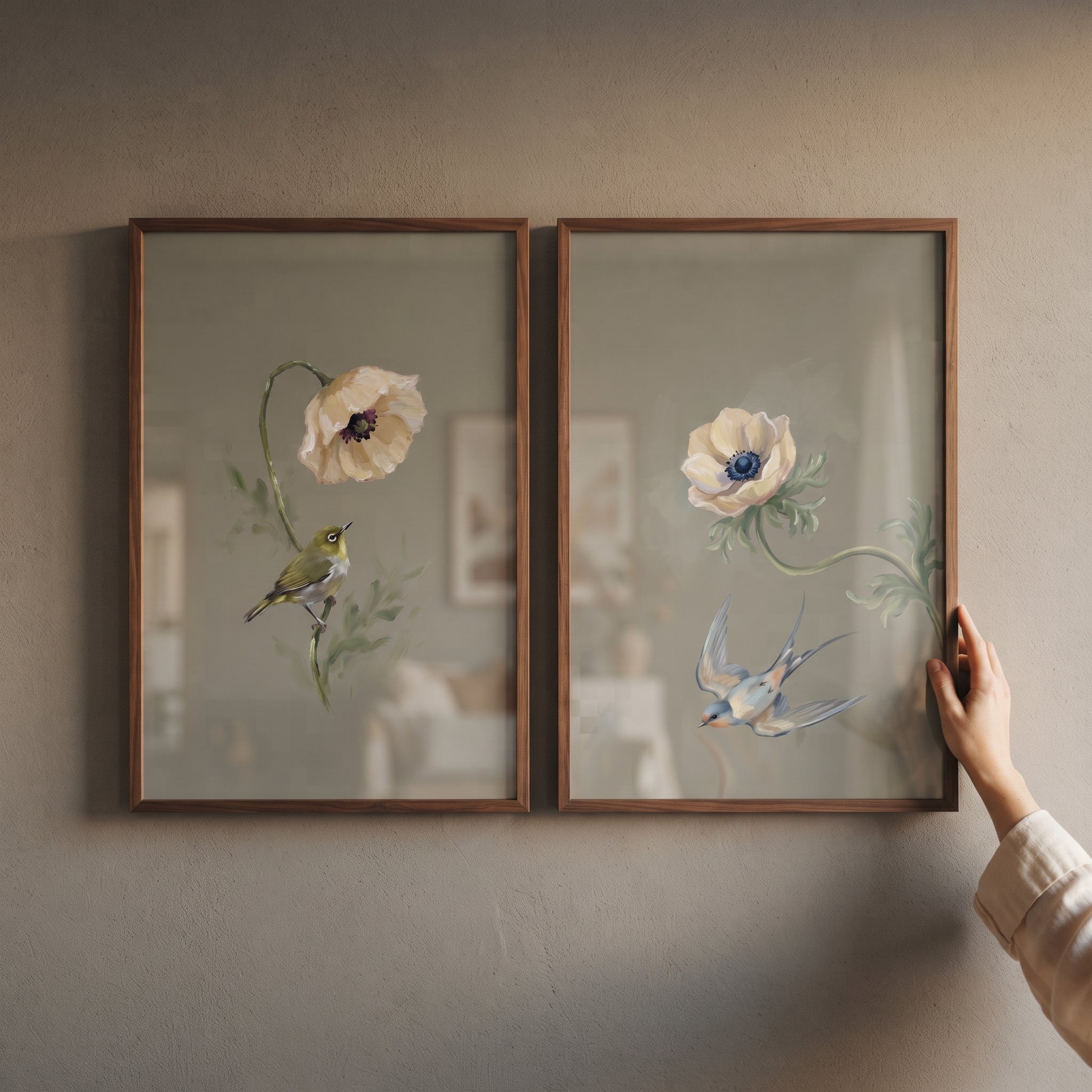 Shabby Chic Botanical Bird Wall Art Set of 2 - Soft Petal Flight