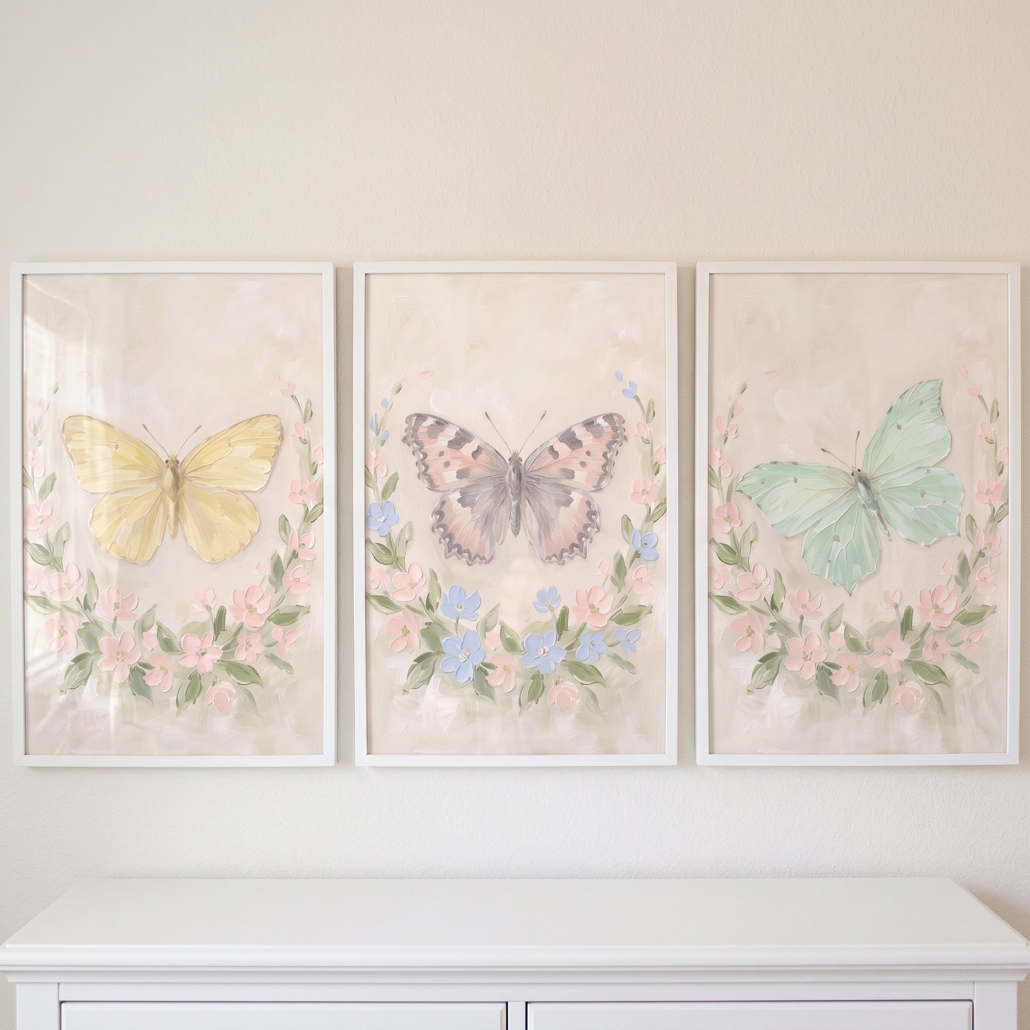 Shabby Chic Botanical Butterfly Wall Art Set of 3 - Pastel Butterfly Trio