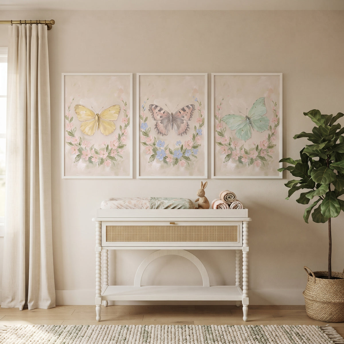 Shabby Chic Botanical Butterfly Wall Art Set of 3 - Pastel Butterfly Trio