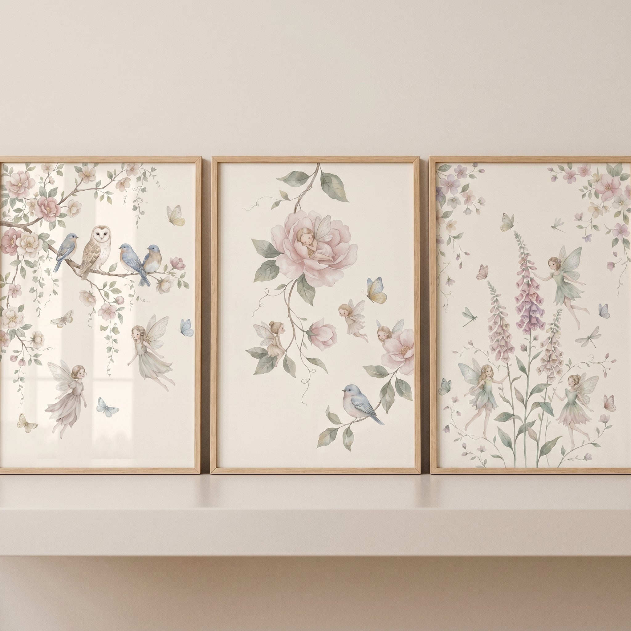 Shabby Chic Botanical Fairies Wall Art Set of 3 - Enchanted Floral Trio
