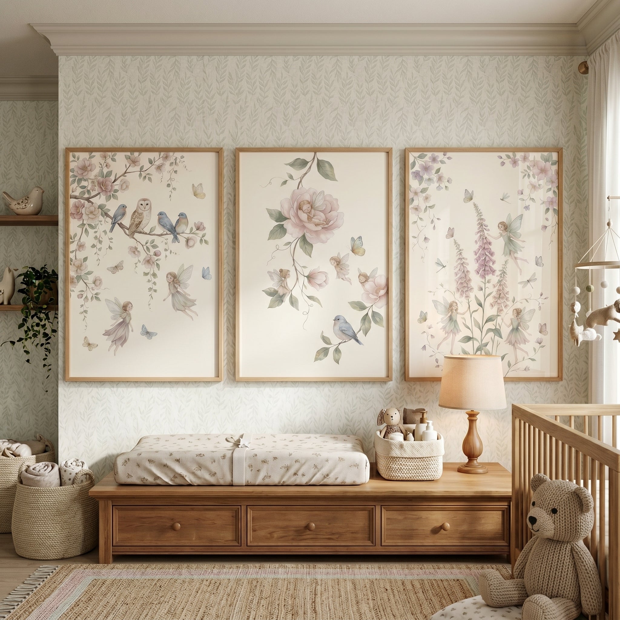 Shabby Chic Botanical Fairies Wall Art Set of 3 - Enchanted Floral Trio