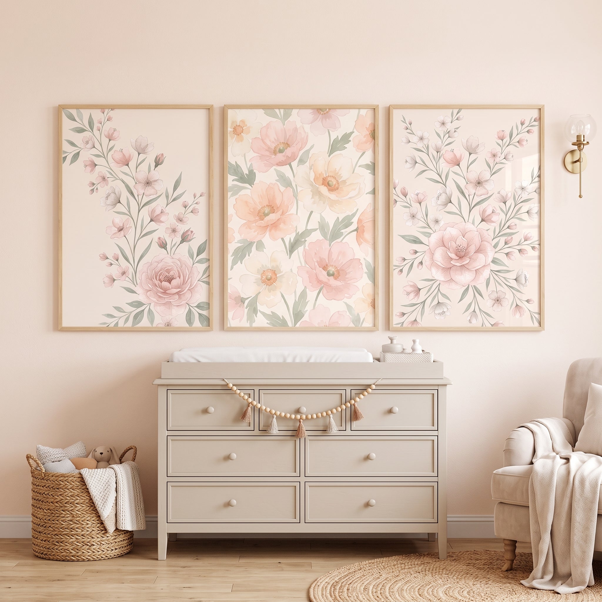 Shabby Chic Botanical Floral Wall Art Set of 3 - Delicate Floral Trio