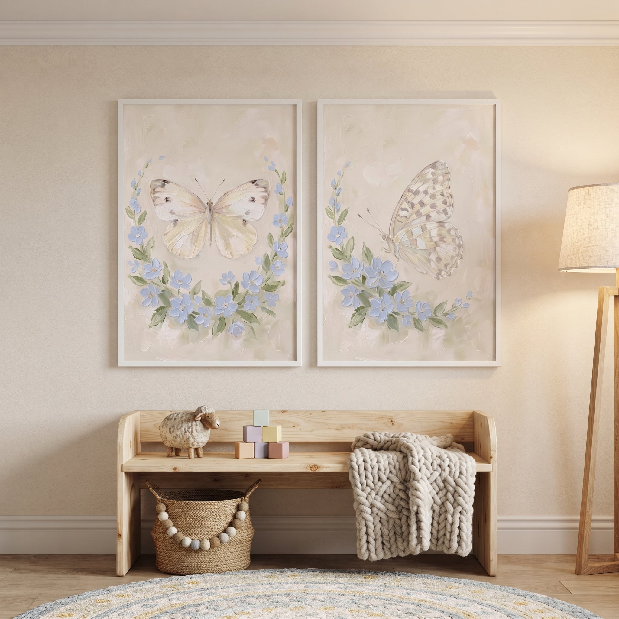 Shabby Chic Cottage Butterfly Wall Art Set of 2 - Delicate Butterfly Blooms