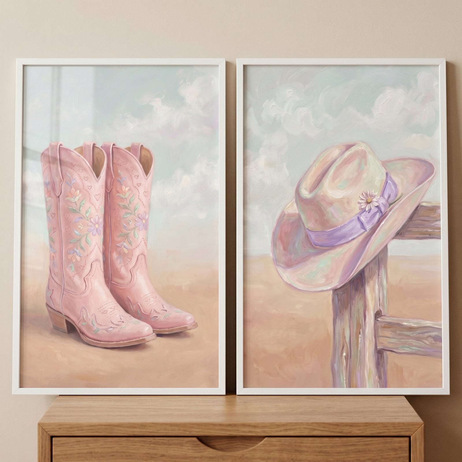 Pink floral boots and a hat on a wooden fence in soft pastel tones. Shabby chic cowgirl wall art set of 2.
