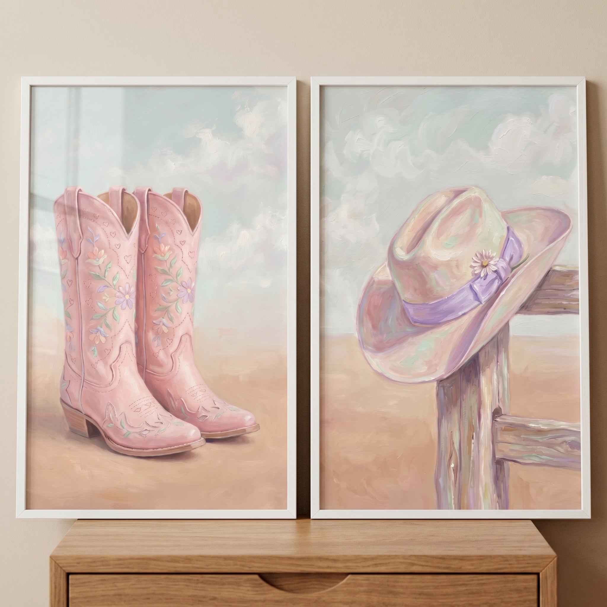 Shabby Chic Cowgirl Wall Art Set of 2 - Blush Country Charm