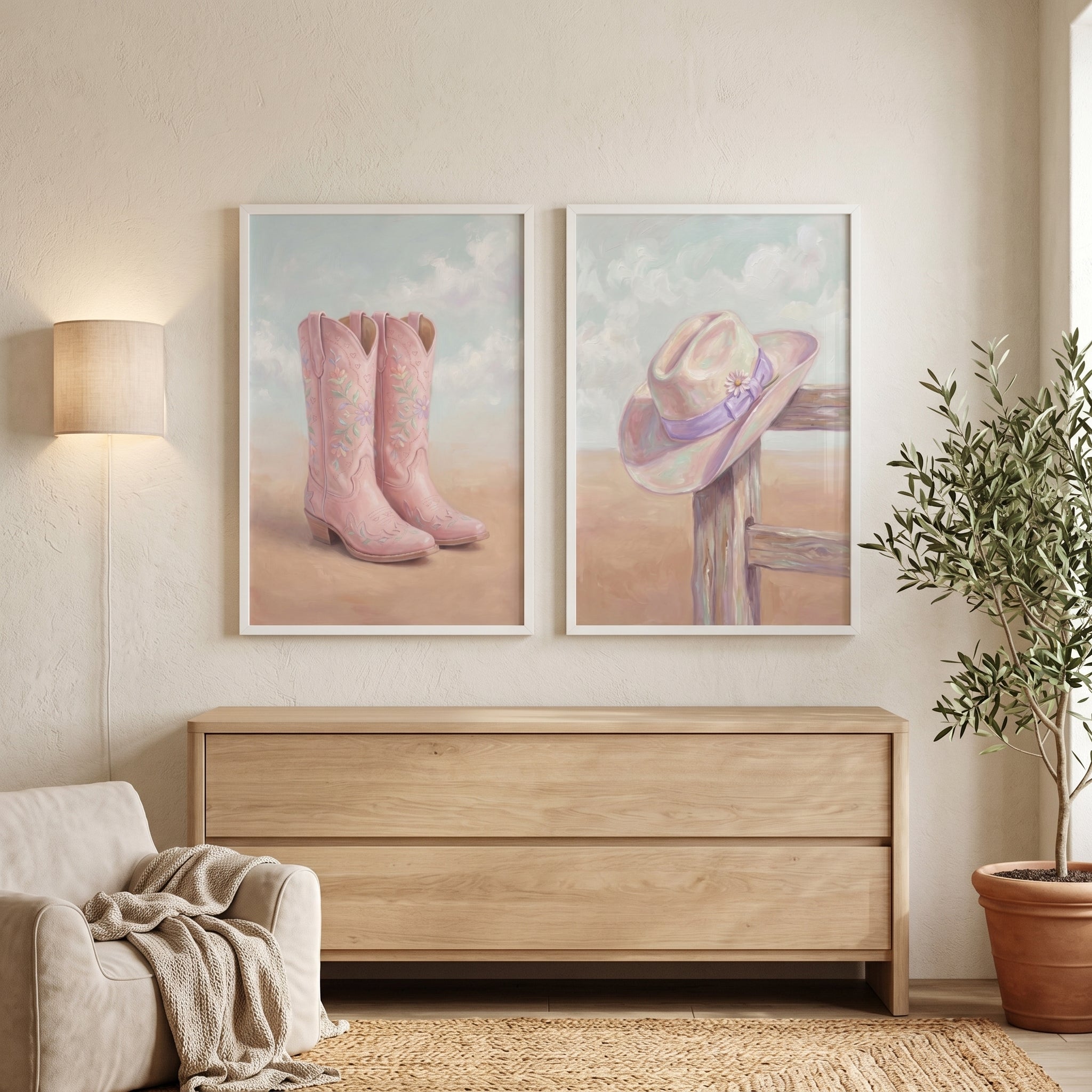Shabby Chic Cowgirl Wall Art Set of 2 - Blush Country Charm