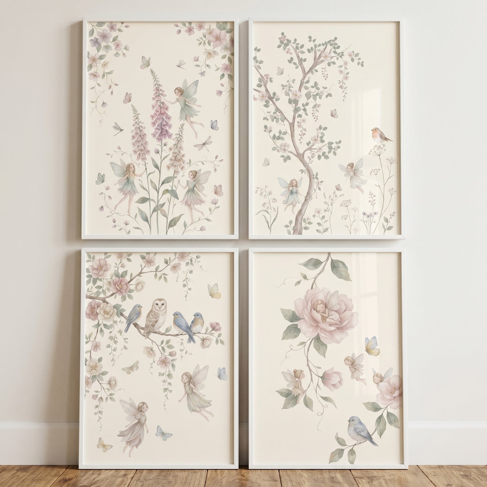 Shabby chic enchanted fairies print set of 4 with soft pastel illustrations of winged figures, birds, and flowers.