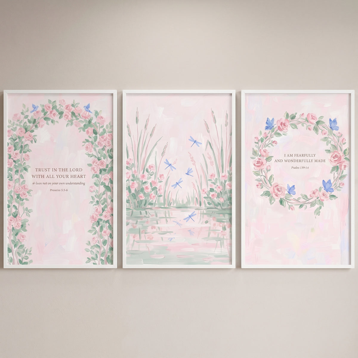Watercolor shabby chic floral garden wall art set of 3 with pink roses, dragonflies, and scripture from Proverbs and Psalms.