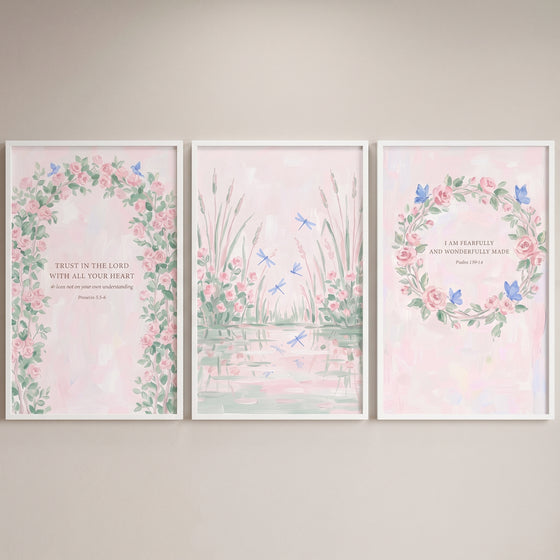 Watercolor shabby chic floral garden wall art set of 3 with pink roses, dragonflies, and scripture from Proverbs and Psalms.