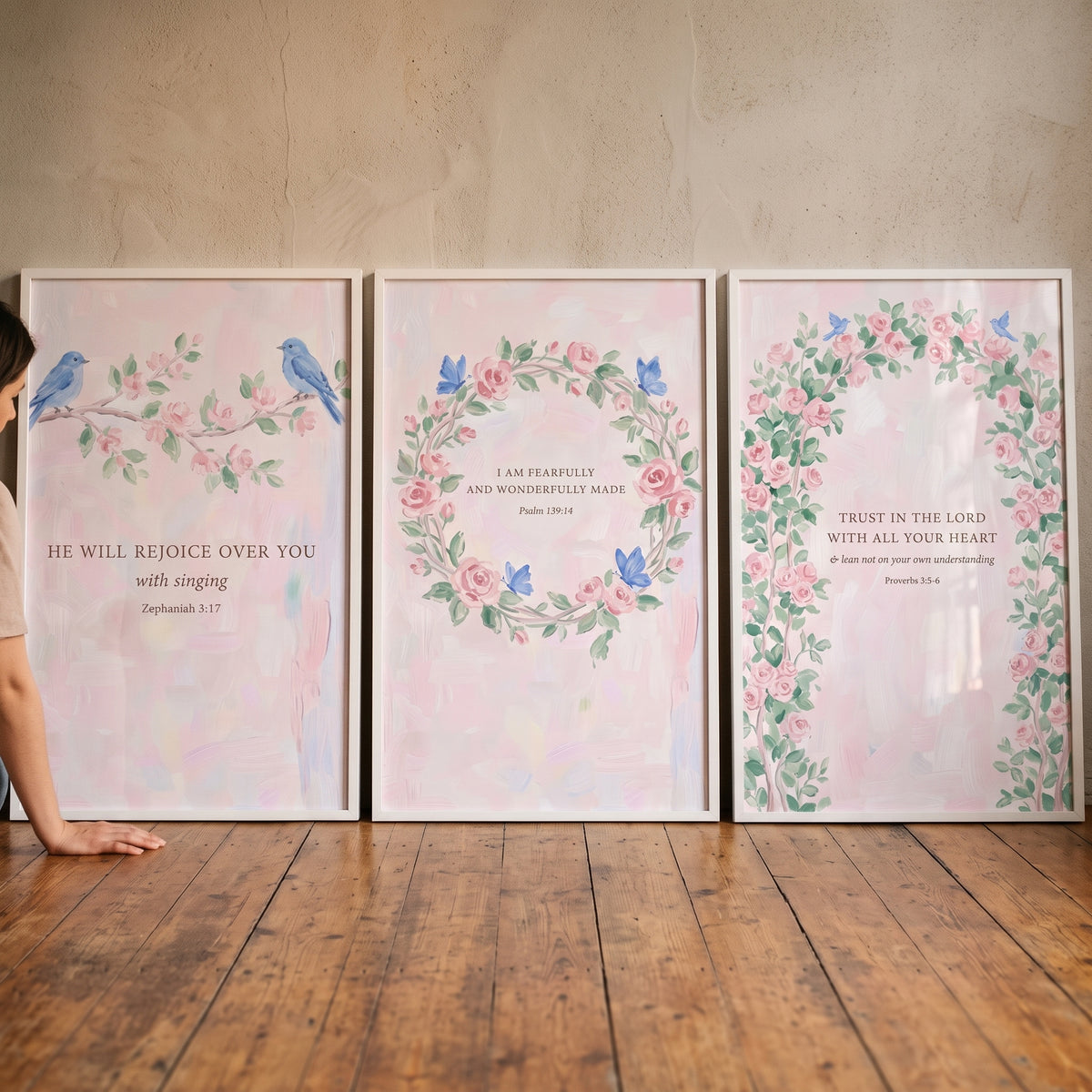 Shabby Chic Floral Scripture Wall Art Set of 3 - Blessed Botanical Trio