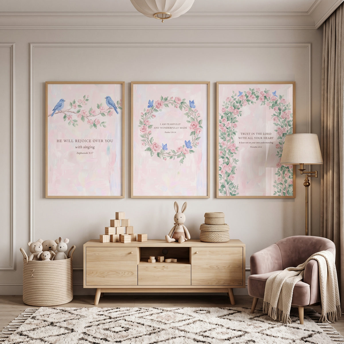 Shabby Chic Floral Scripture Wall Art Set of 3 - Blessed Botanical Trio