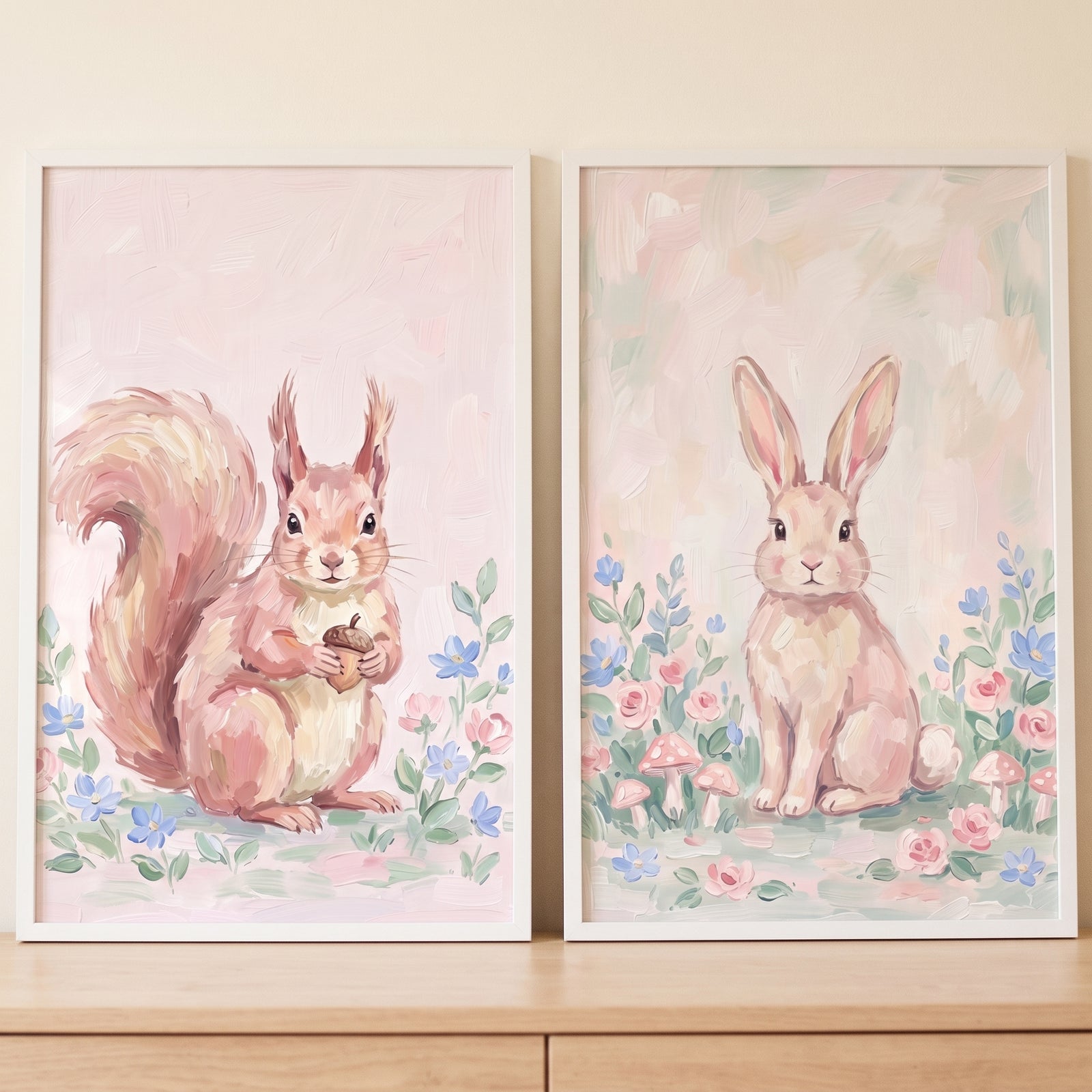 Shabby chic forest animals wall art set of 2 featuring a squirrel holding an acorn and a bunny among pastel flowers.