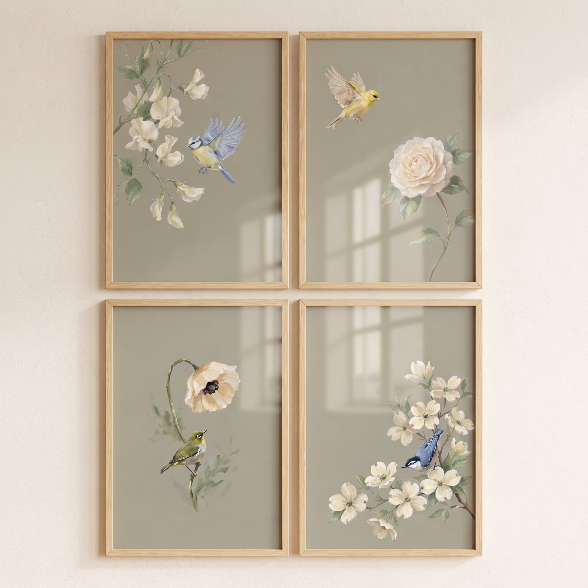 Shabby Chic Garden Bird Floral Wall Art Set of 4 - Garden Bird Serenade