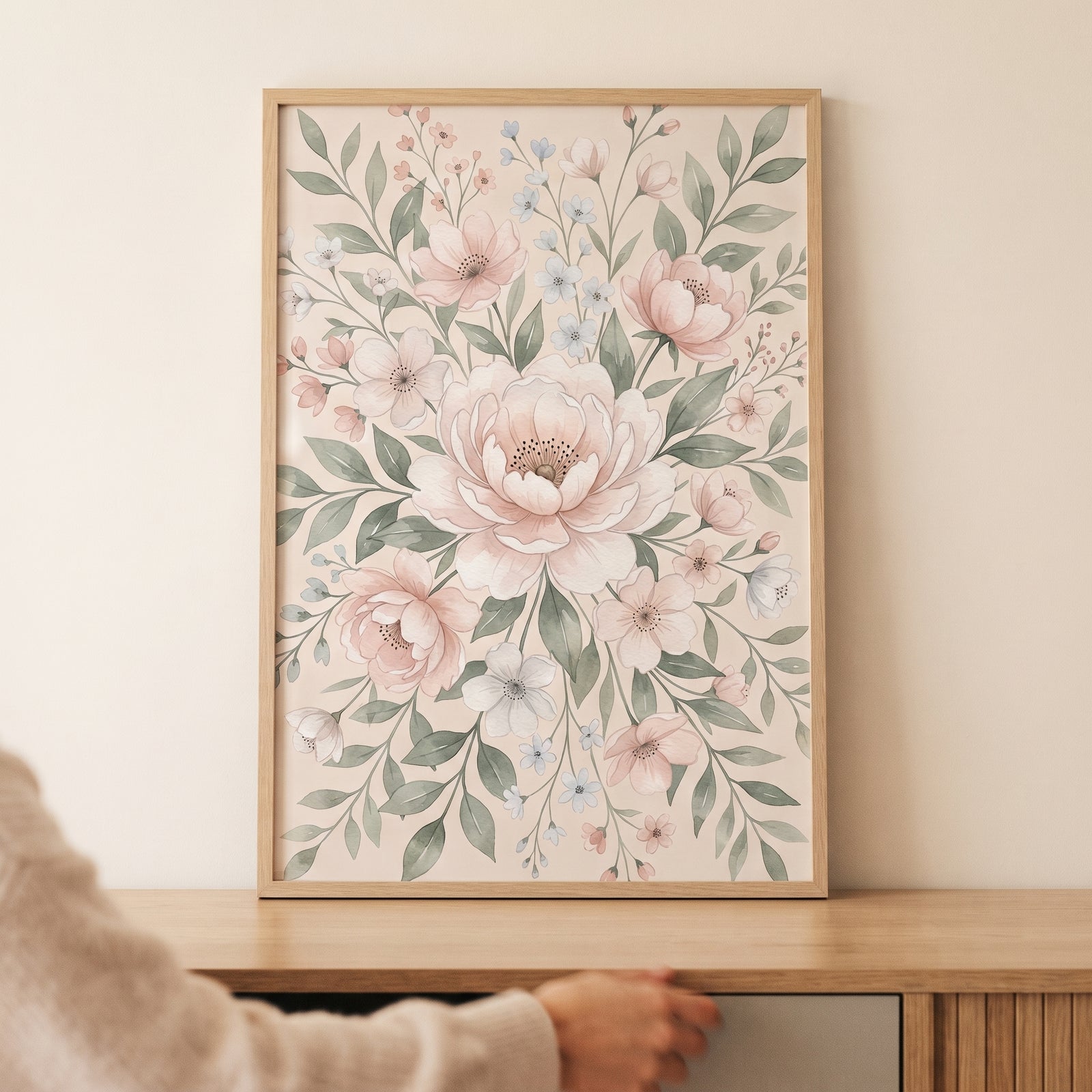 Shabby chic garden floral wall art in a wood frame features soft pink and blue flowers with delicate green leaves.