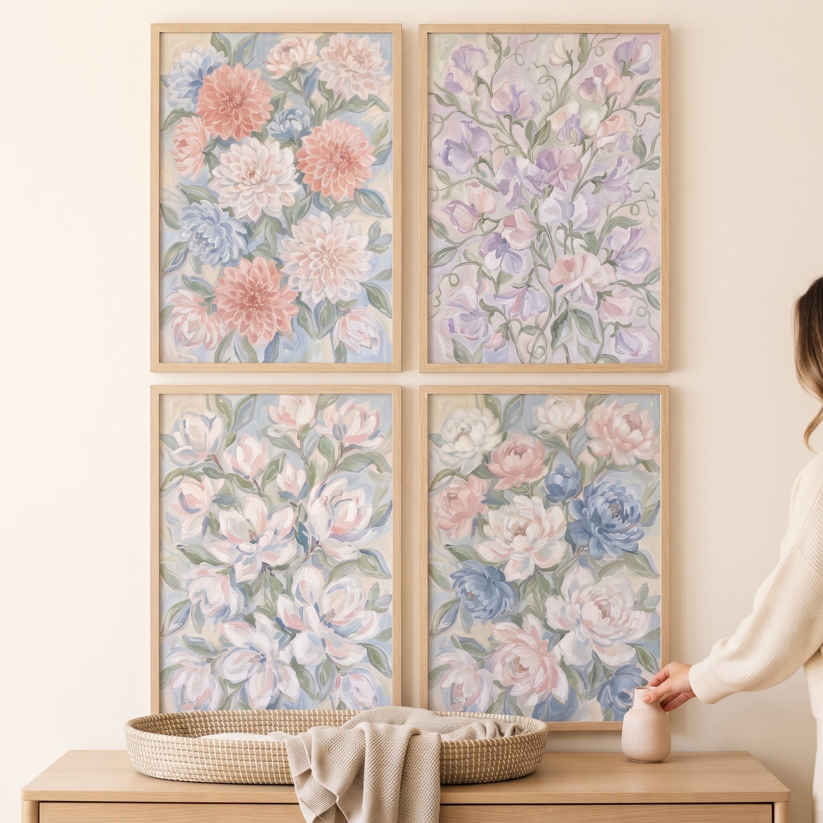 Shabby chic garden floral wall art set of 4 in light wood frames on a neutral wall above a dresser and woven basket.