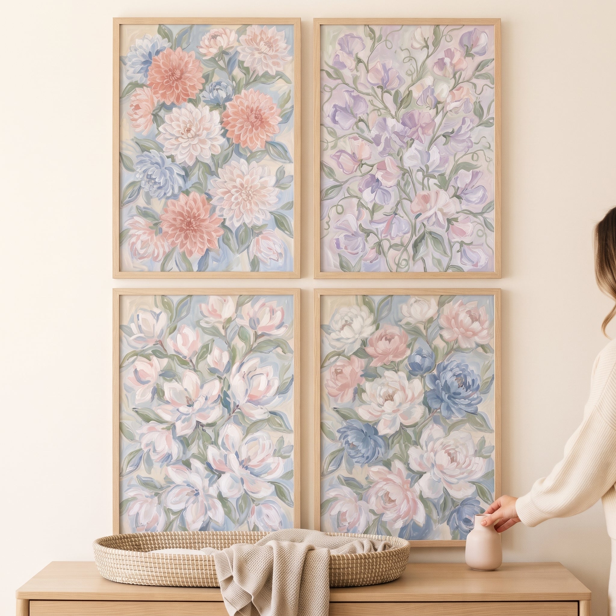 Shabby Chic Garden Floral Wall Art Set of 4 - Pastel Petals Quartet