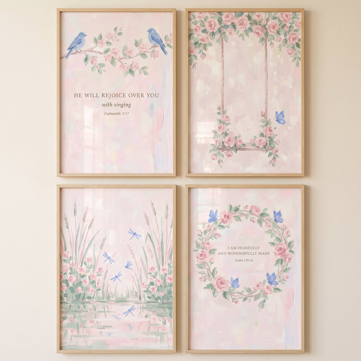 Shabby chic garden nursery wall art set of 4 featuring watercolor florals, birds, and scripture in light wood frames.
