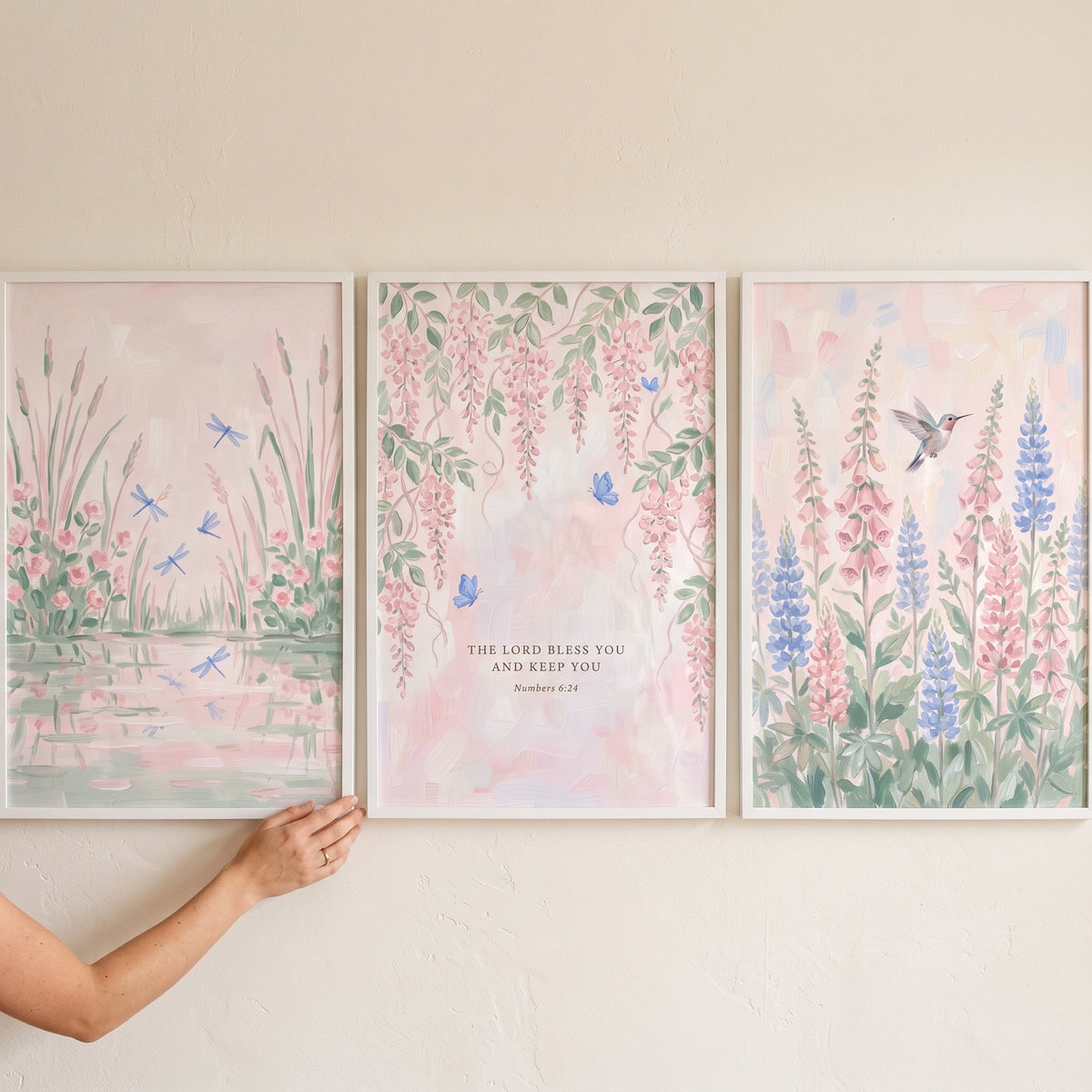 Shabby chic garden wall art set of 3 featuring soft floral scenes with dragonflies, a hummingbird, and a bible verse.