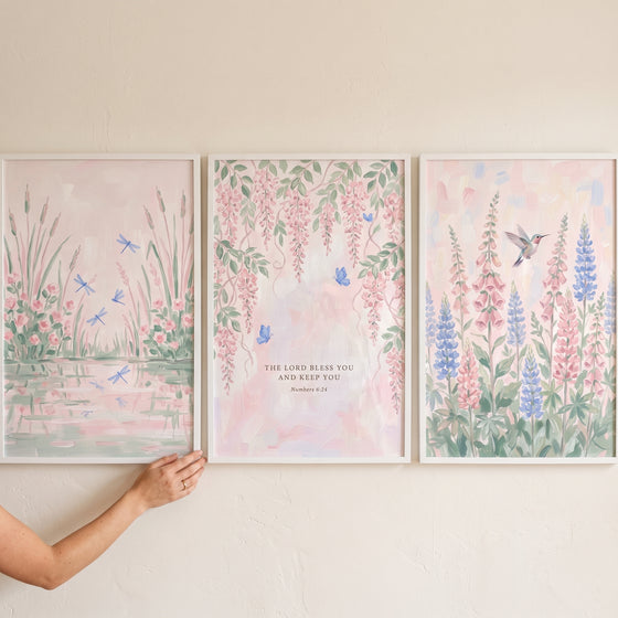 Shabby chic garden wall art set of 3 featuring soft floral scenes with dragonflies, a hummingbird, and a bible verse.