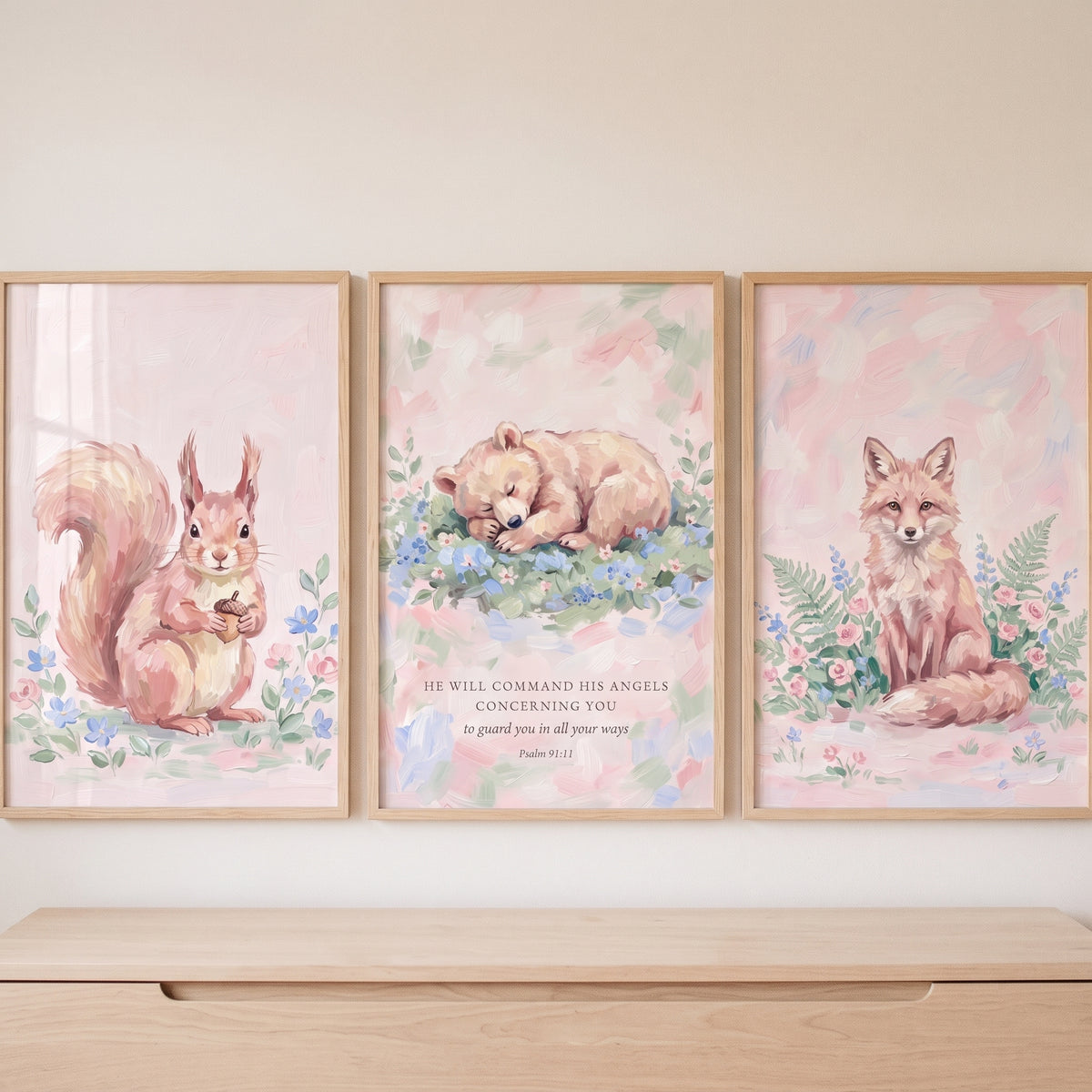 Shabby Chic Meadow Animals Wall Art Set of 3 - Sweet Woodland Psalm