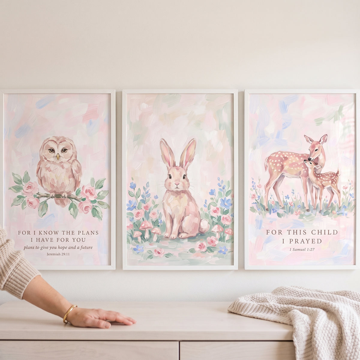 Pastel Shabby Chic Meadow Animals Wall Art Set of 3 - Pastel Scripture Art