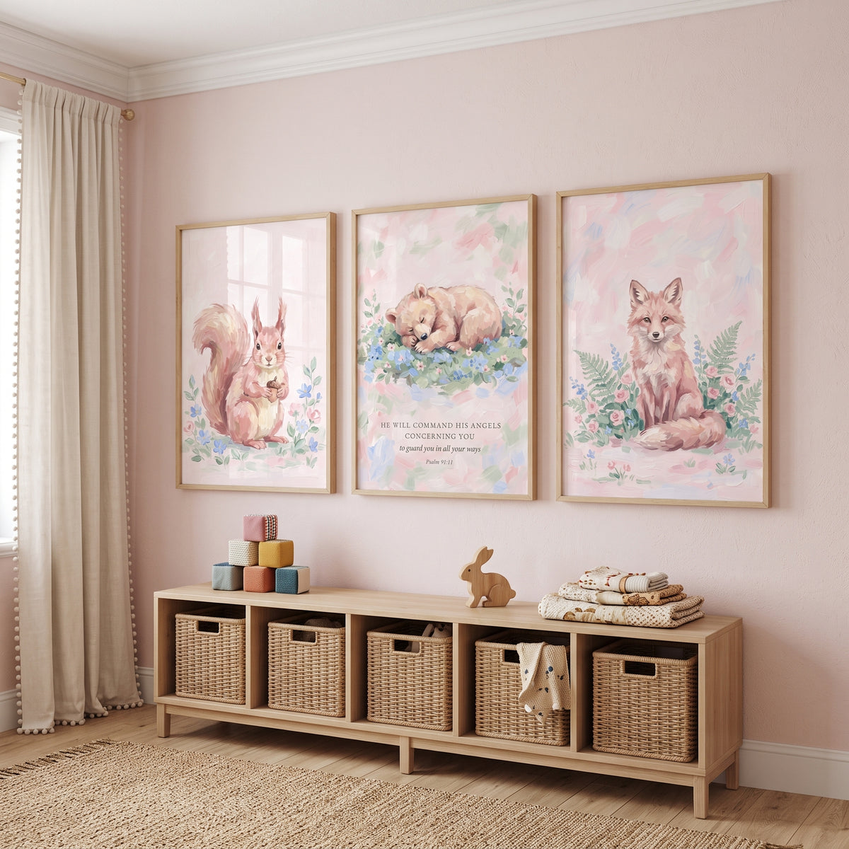 Shabby Chic Meadow Animals Wall Art Set of 3 - Sweet Woodland Psalm