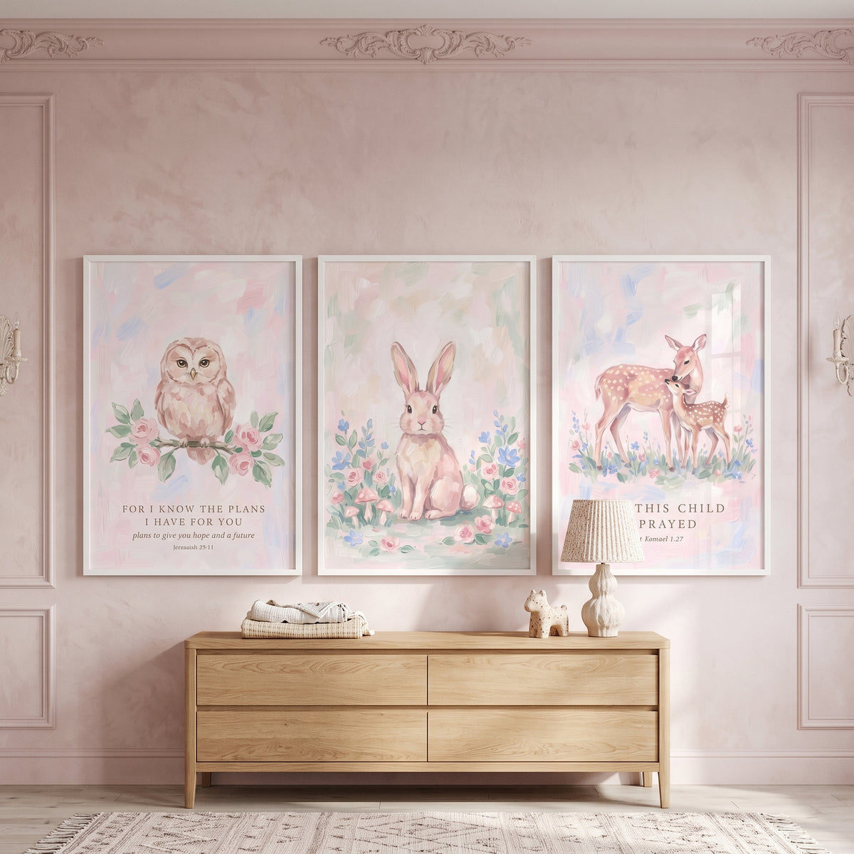 Pastel Shabby Chic Meadow Animals Wall Art Set of 3 - Pastel Scripture Art