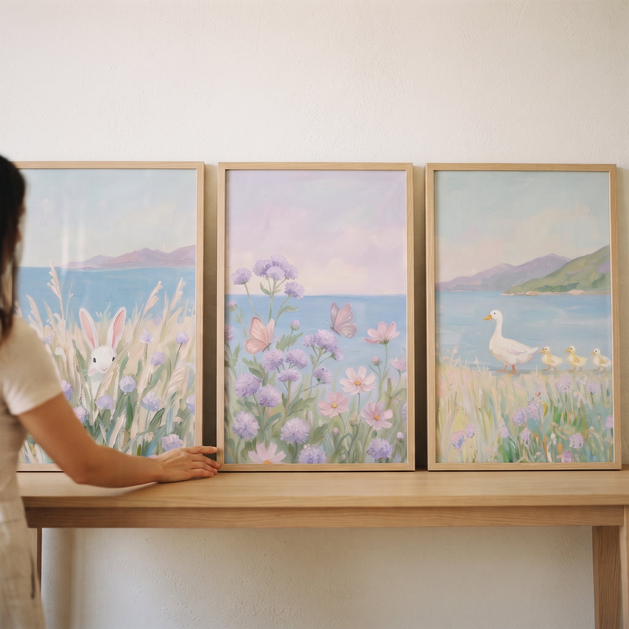 Shabby Chic Meadow Coastal Wall Art Set of 3 - Soft Meadow Friends