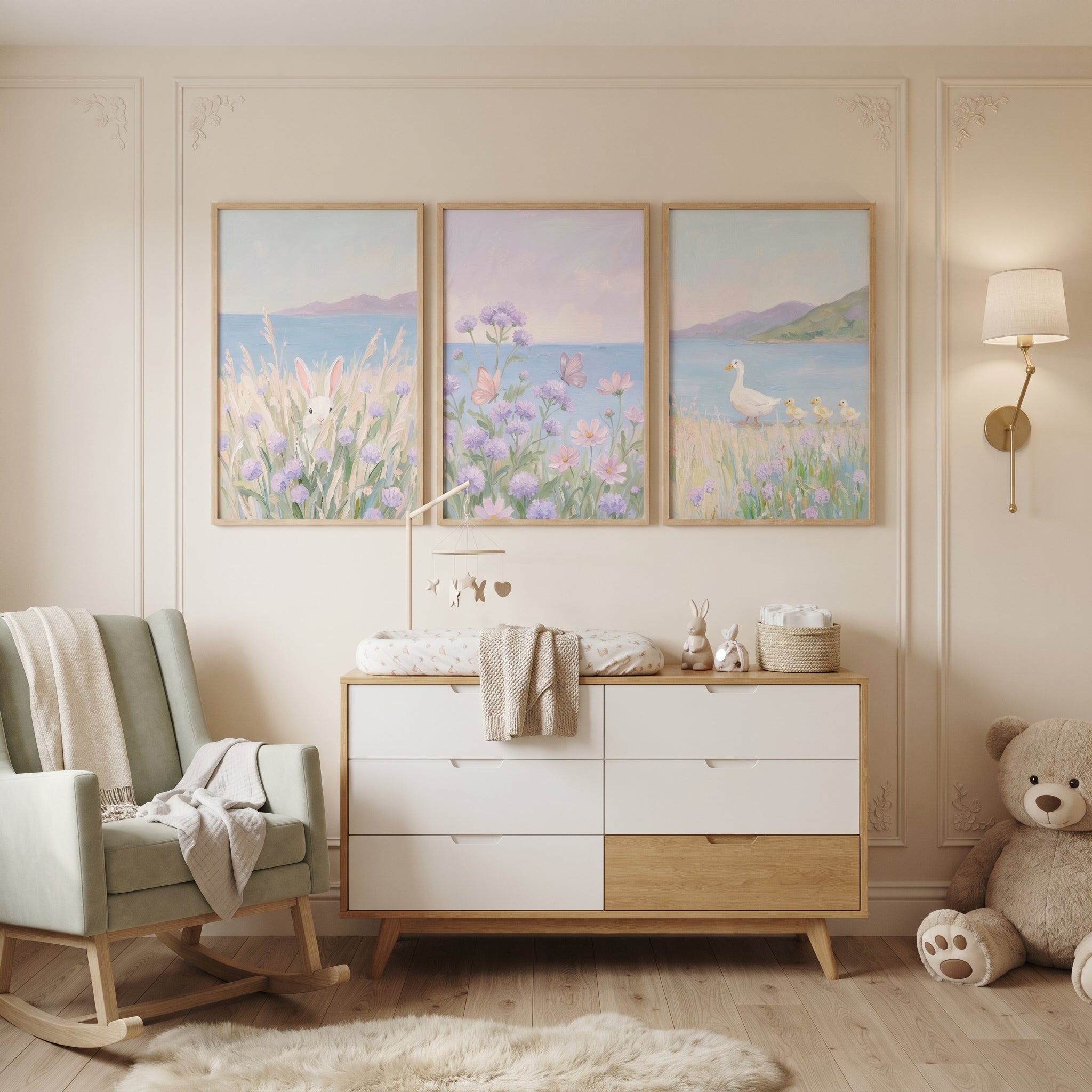 Shabby Chic Meadow Coastal Wall Art Set of 3 - Soft Meadow Friends