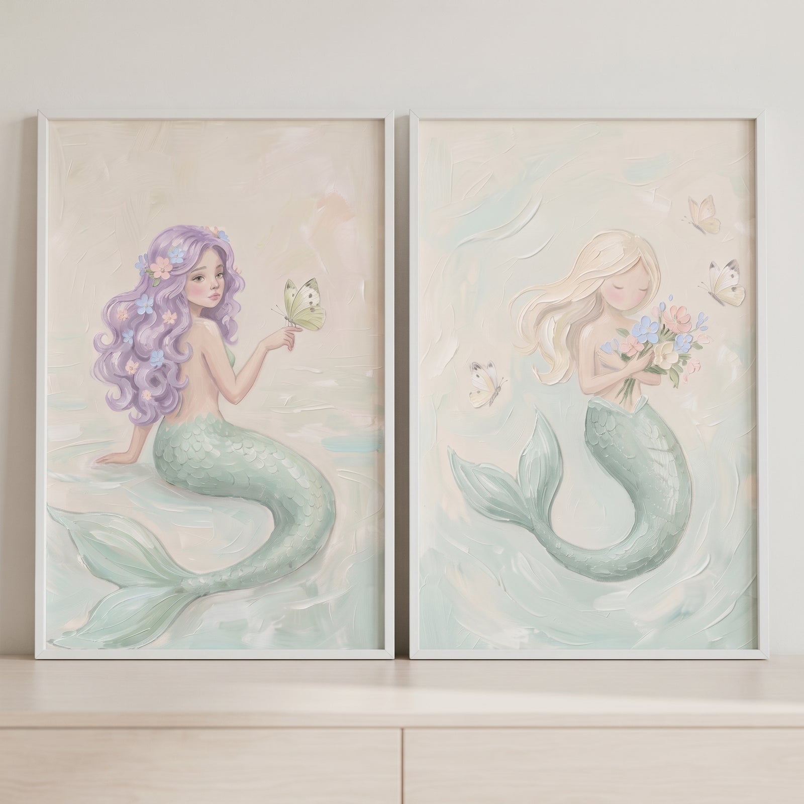 Purple and blonde hair mermaids with green tails. Shabby chic mint mermaid wall art set of 2.