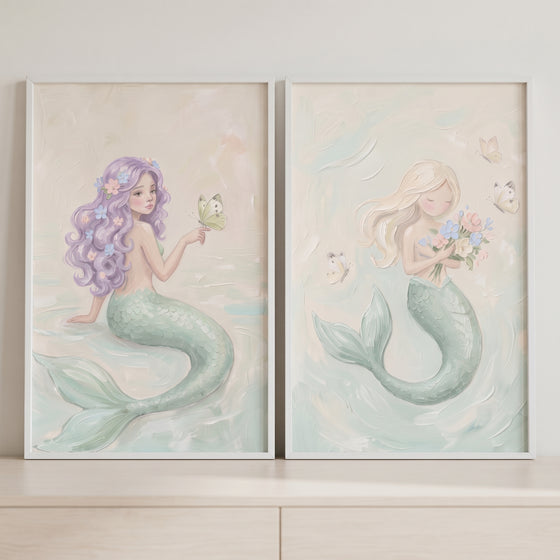 Purple and blonde hair mermaids with green tails. Shabby chic mint mermaid wall art set of 2.