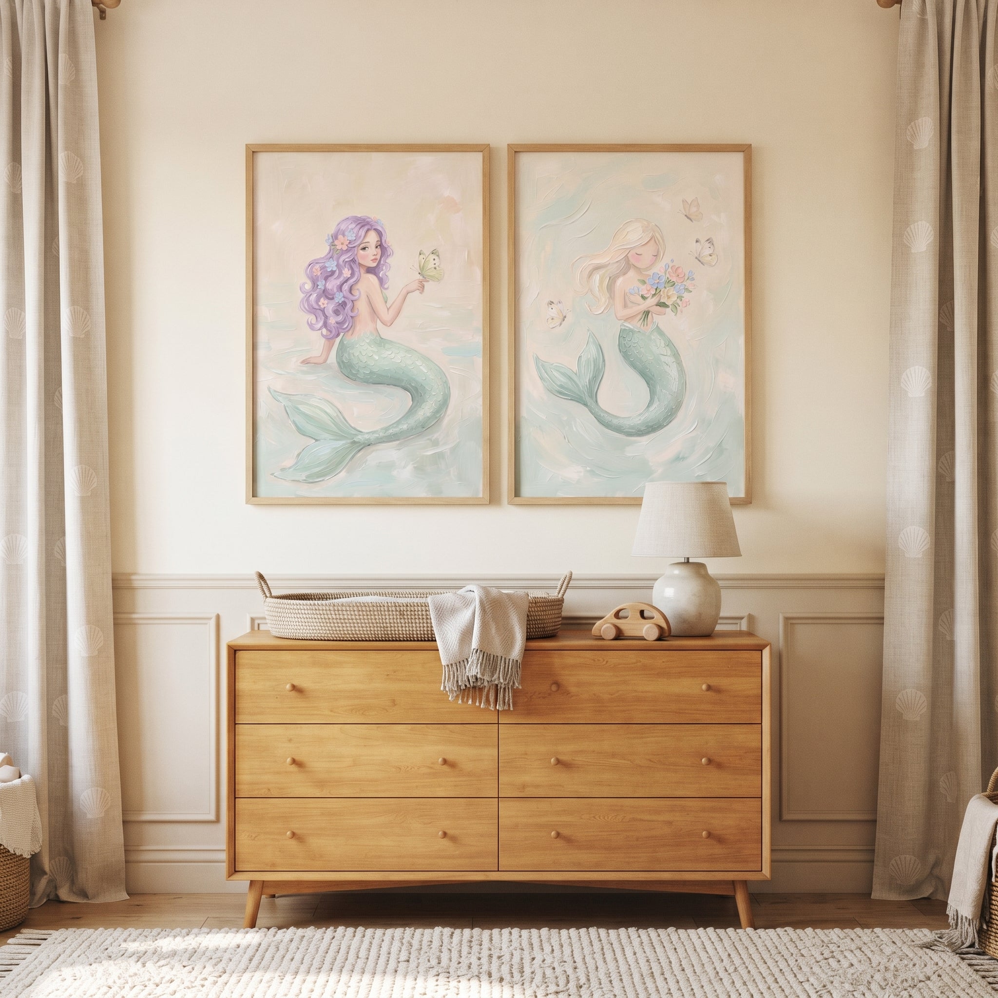Shabby Chic Mint Mermaid Wall Art Set of 2 - Whimsical Ocean Sisters