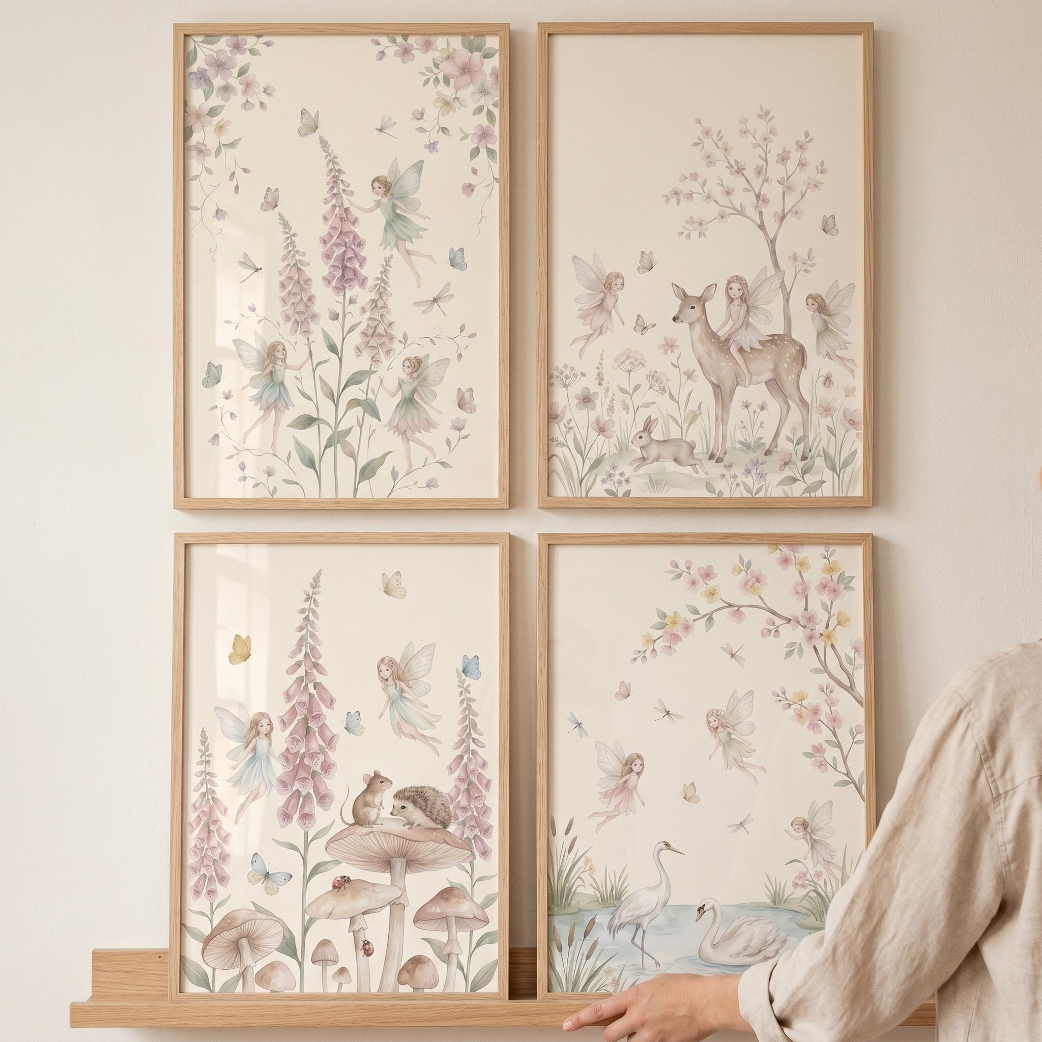 Shabby Chic Nature Fairies Wall Art Set of 4 - Pastel Meadow Magic
