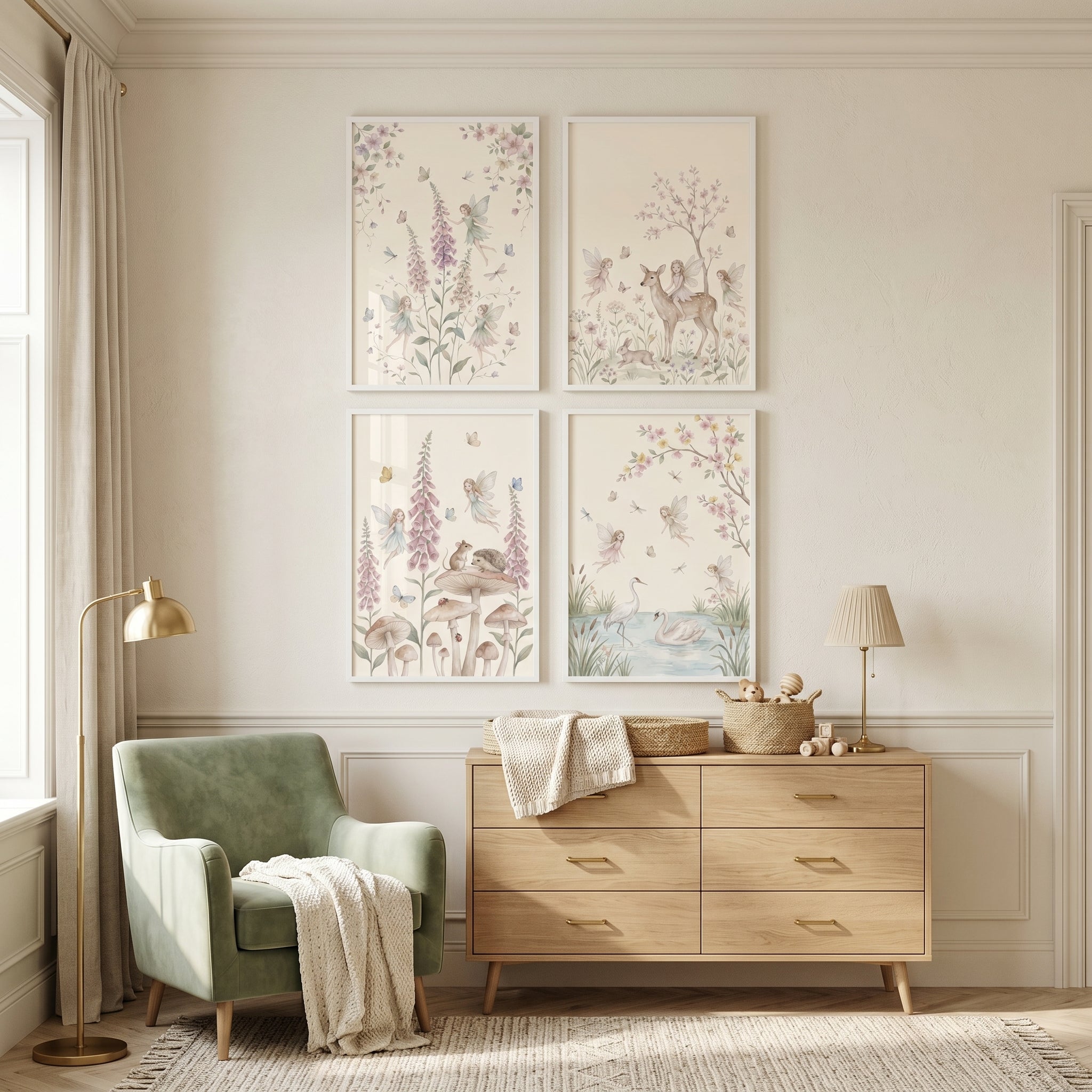 Shabby Chic Nature Fairies Wall Art Set of 4 - Pastel Meadow Magic