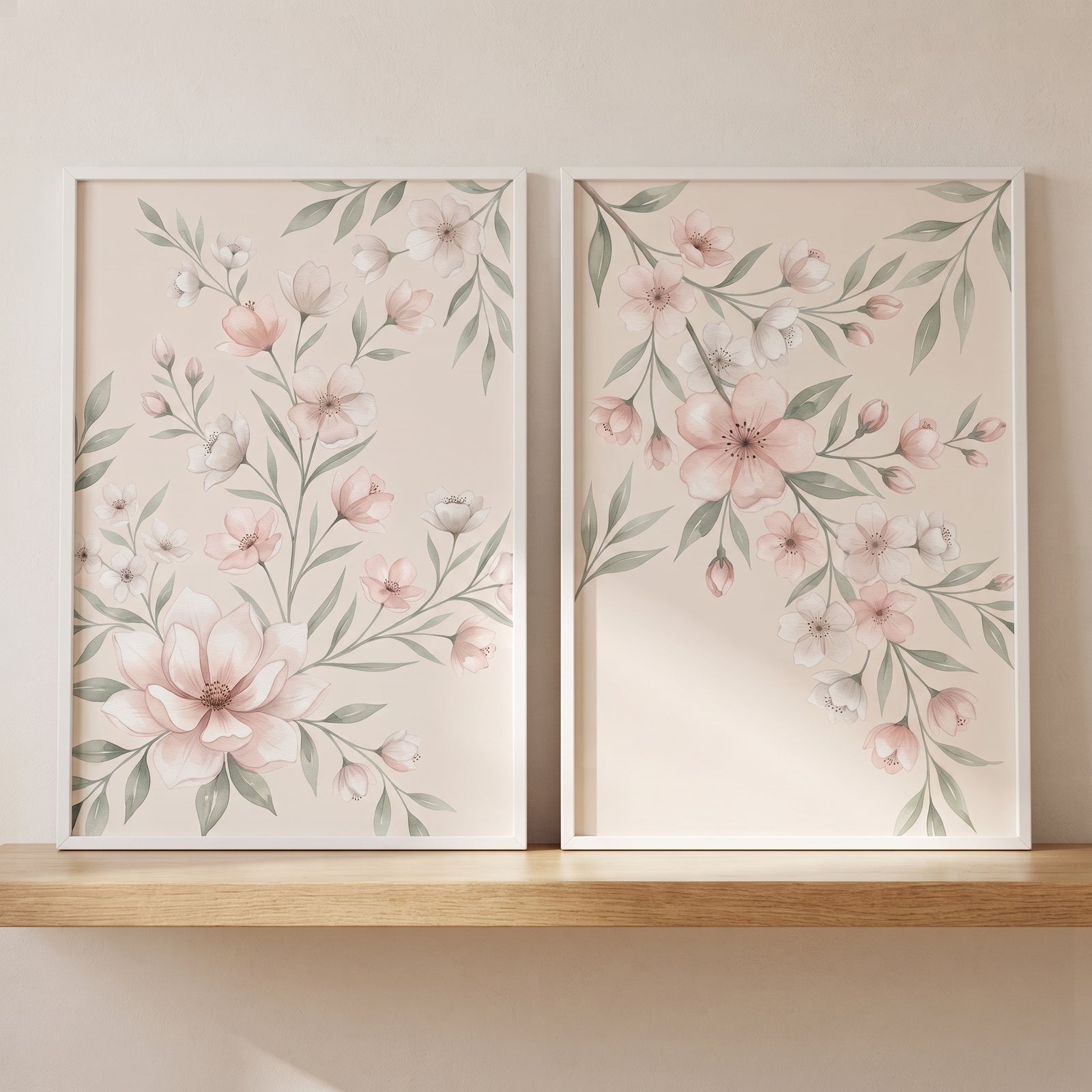 Shabby chic peach floral wall art set of 2 featuring soft flowers and green leaves on a light wood shelf.