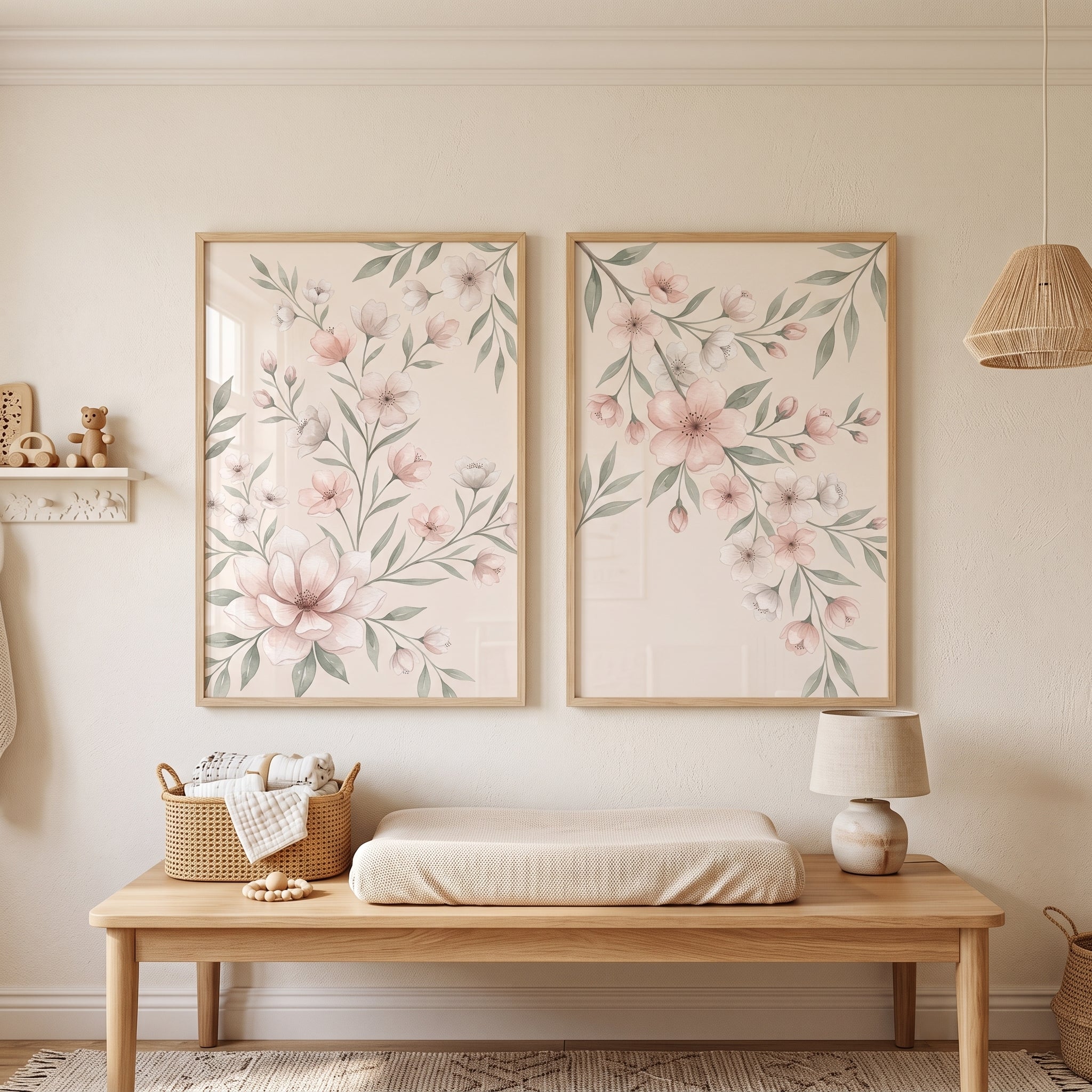 Shabby Chic Peach Floral Wall Art Set of 2 - Pastel Floral Set
