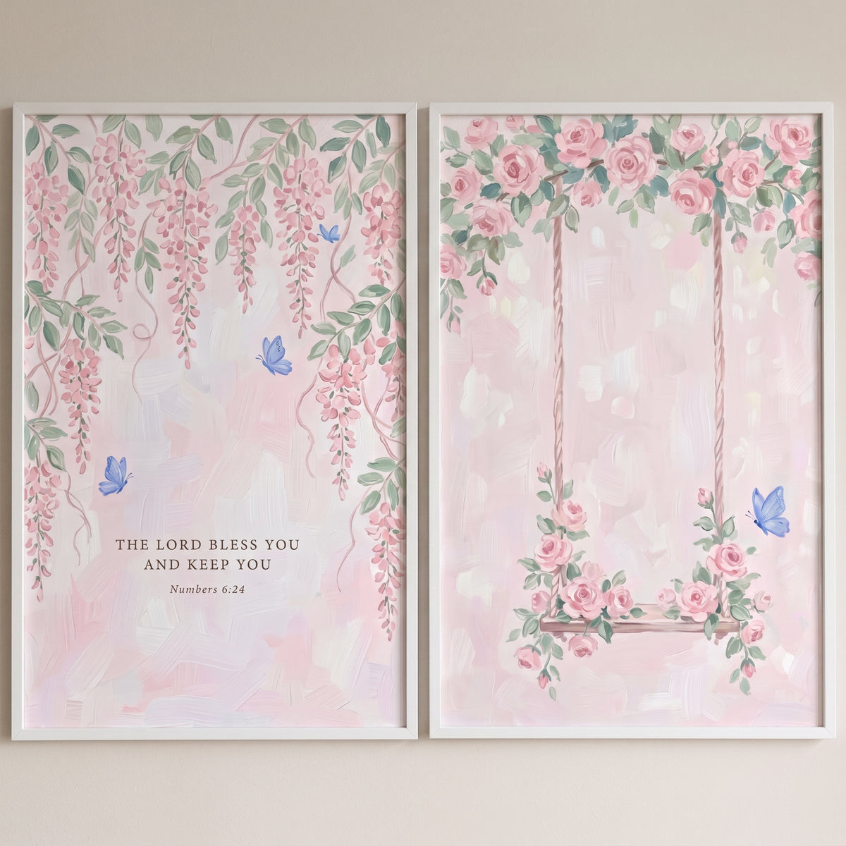 Shabby chic pink butterfly wall art set of 2 with pink flowers, blue butterflies, a swing, and a verse from Numbers.