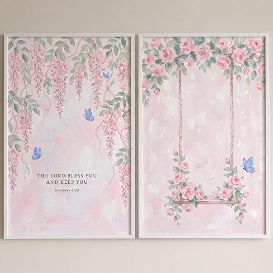 Shabby chic pink butterfly wall art set of 2 with pink flowers, blue butterflies, a swing, and a verse from Numbers.