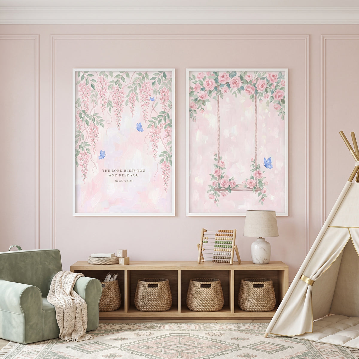 Shabby Chic Pink Butterfly Wall Art Set of 2 - Divine Garden Grace