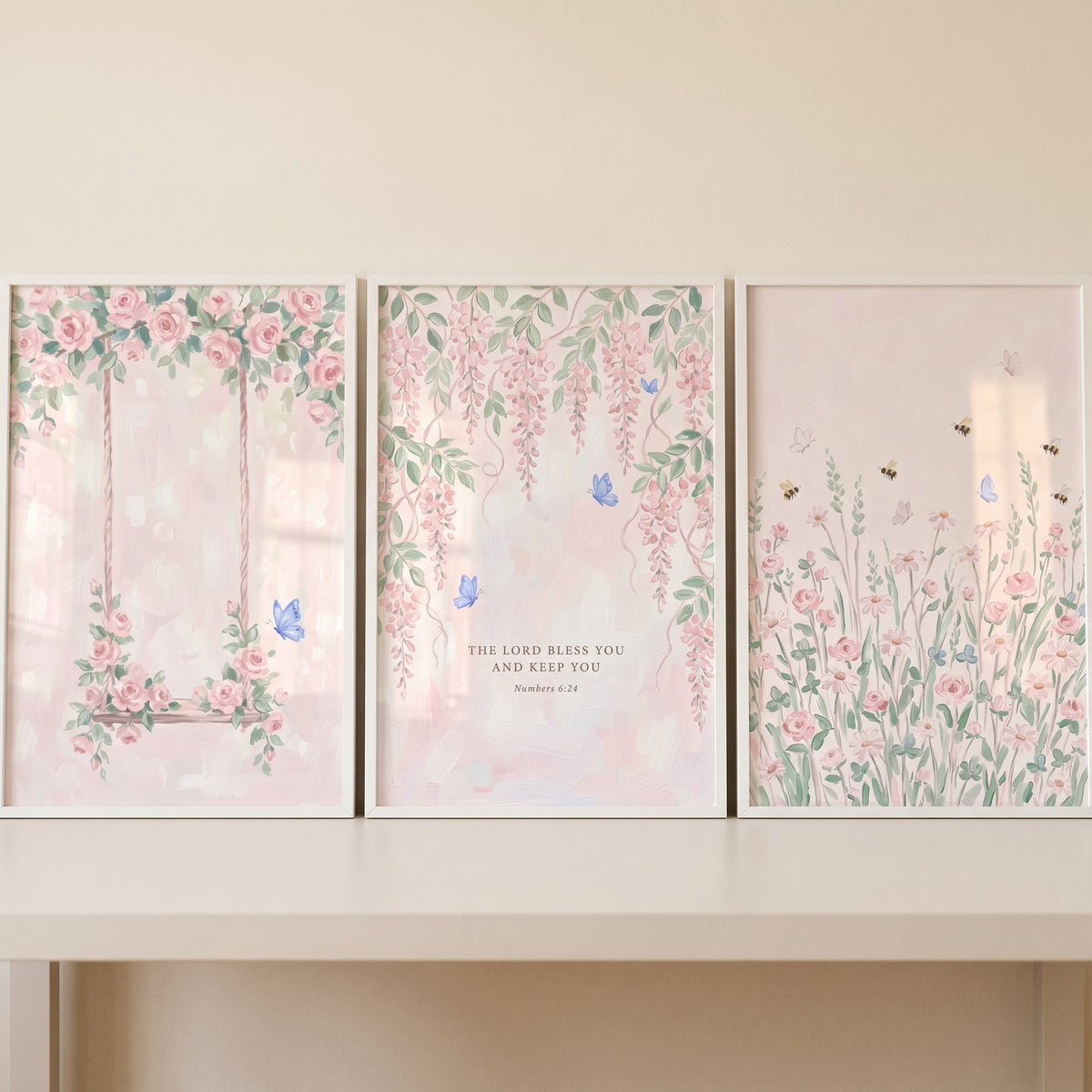 Shabby chic pink flower wall art set of 3 with a rose swing, scripture, and wildflower meadow with butterflies and bees.