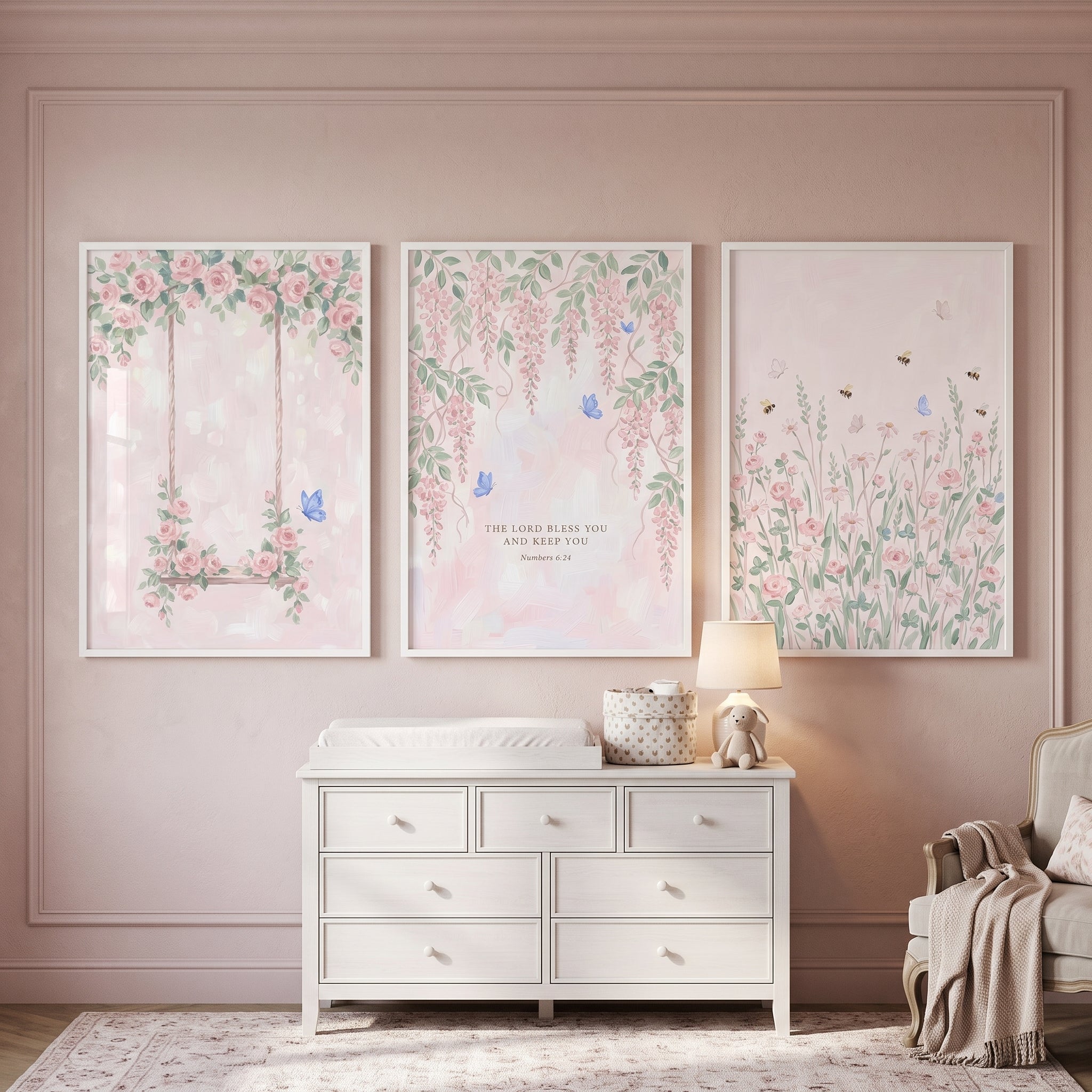 Shabby Chic Pink Flower Wall Art Set of 3 - Sacred Garden Blessing