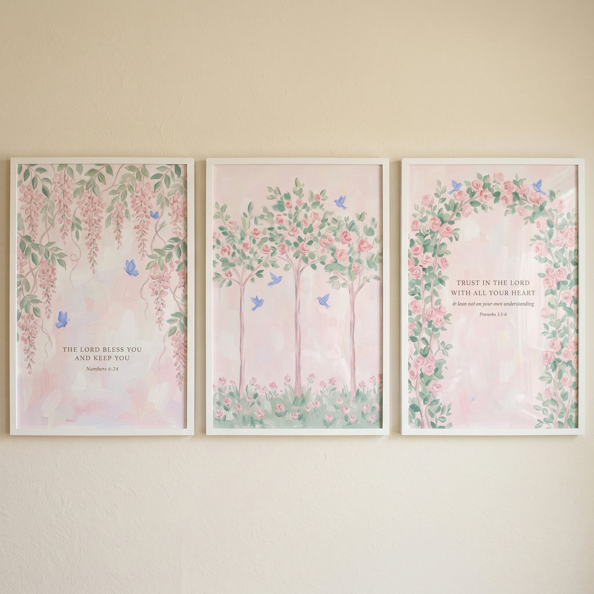 Shabby Chic Pink Garden Wall Art Set of 3 - Floral Faith Trio