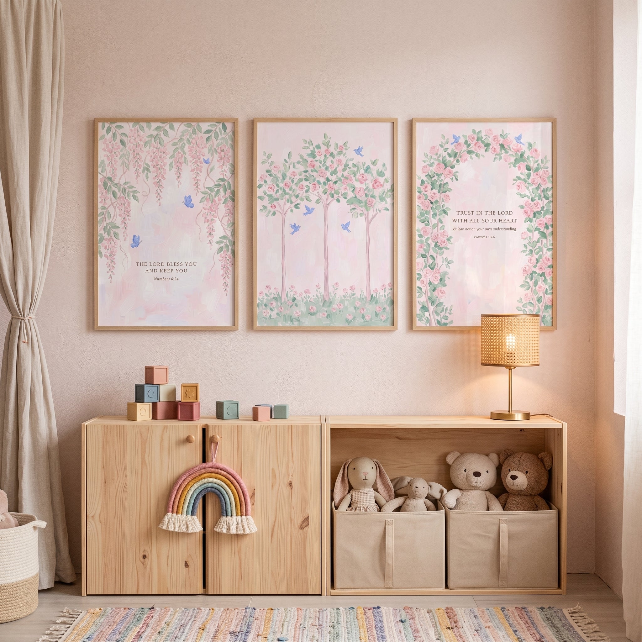 Shabby Chic Pink Garden Wall Art Set of 3 - Floral Faith Trio