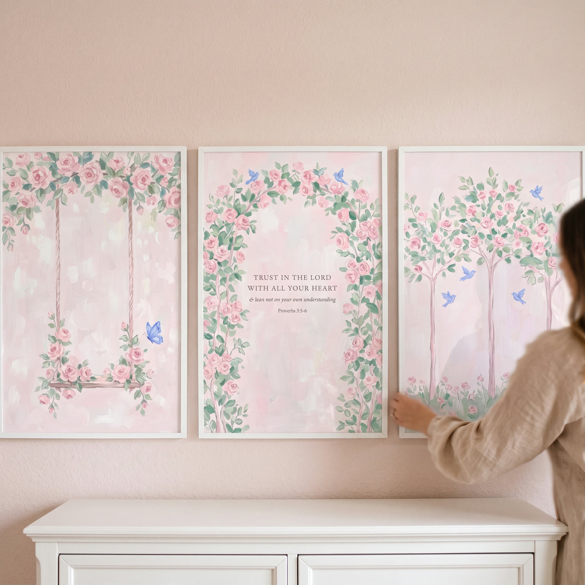 Shabby Chic Pink Roses Wall Art Set of 3 - Faithful Floral Verse